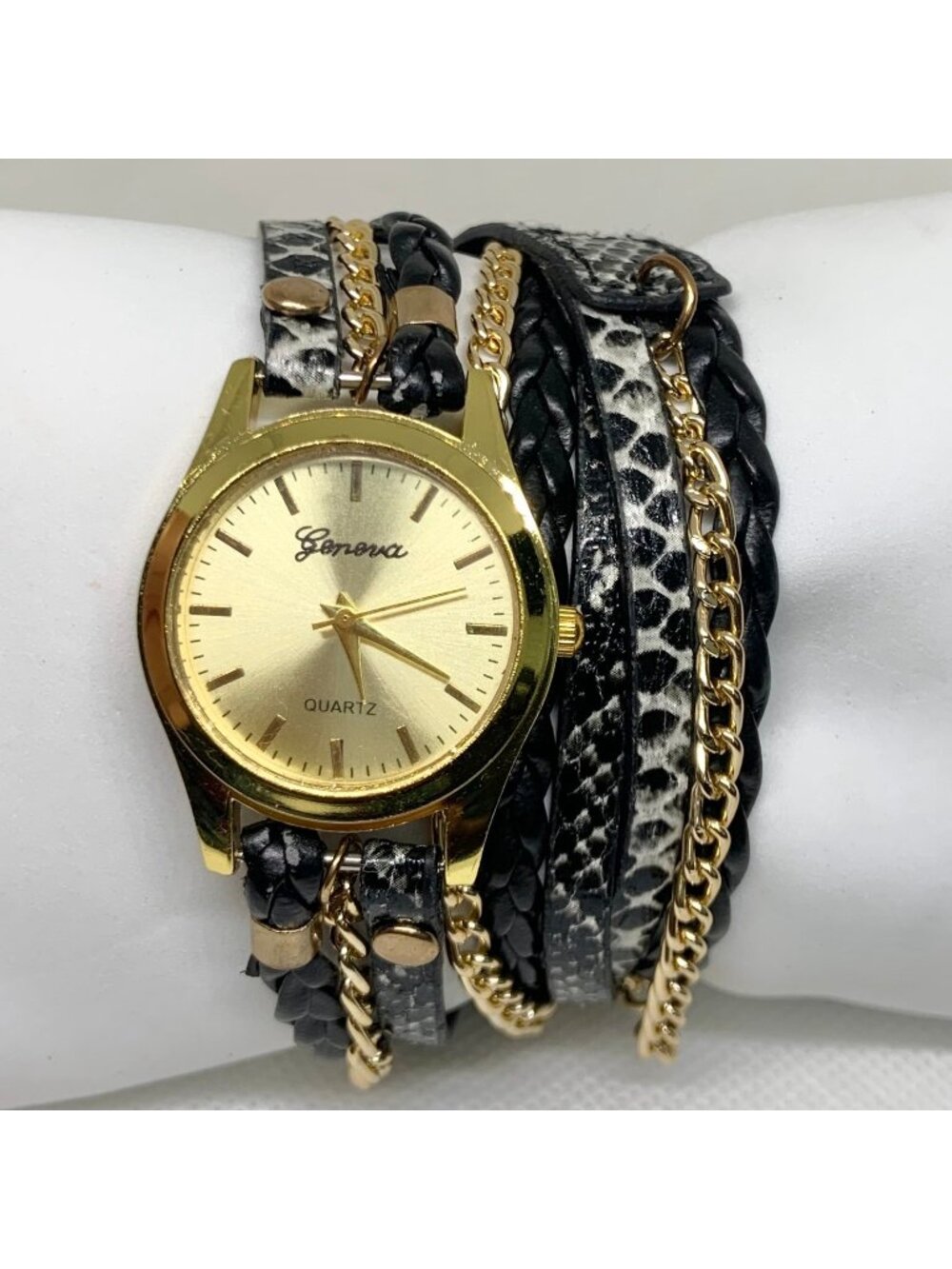 Geneva Women's Gold Toned black Wrap Around band watch 28mm up to 6.5” running